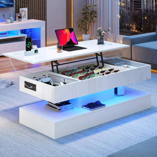 47.2" Large Lift Top Coffee Table,Modern High Glossy LED Coffee Tables for Living Room with Storage Drawer,White, Customized