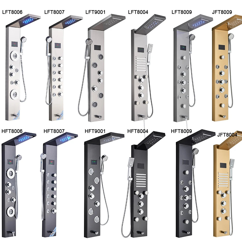 Newly Luxury Black/Brushed Bathroom Shower Faucet LED Shower Panel Column Bathtub Mixer Tap With Hand Shower Temperature Screen