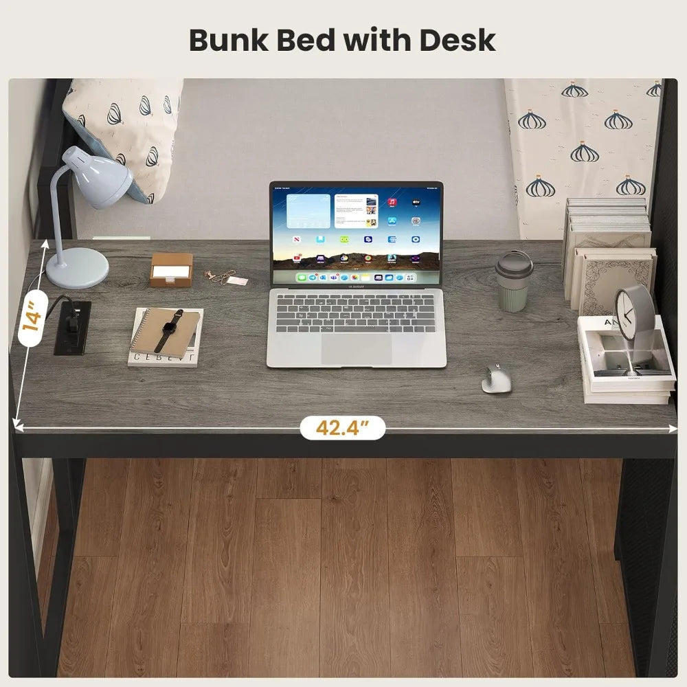Bunk Bed with Desk, Full Over Full Bunk Beds with 5 Storage Drawers & Charging Station, Full Size Bunk Bed with LED, Custom