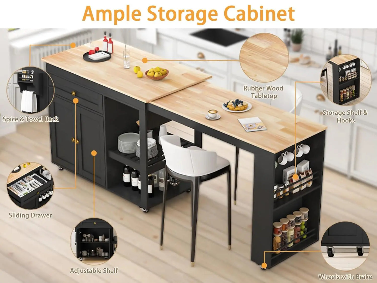 77.8'' Rolling Kitchen Island with Extendable Dining Table for 2-4, 2 in 1 Kitchen Islands Cart on Wheels, Storage Cabinet with