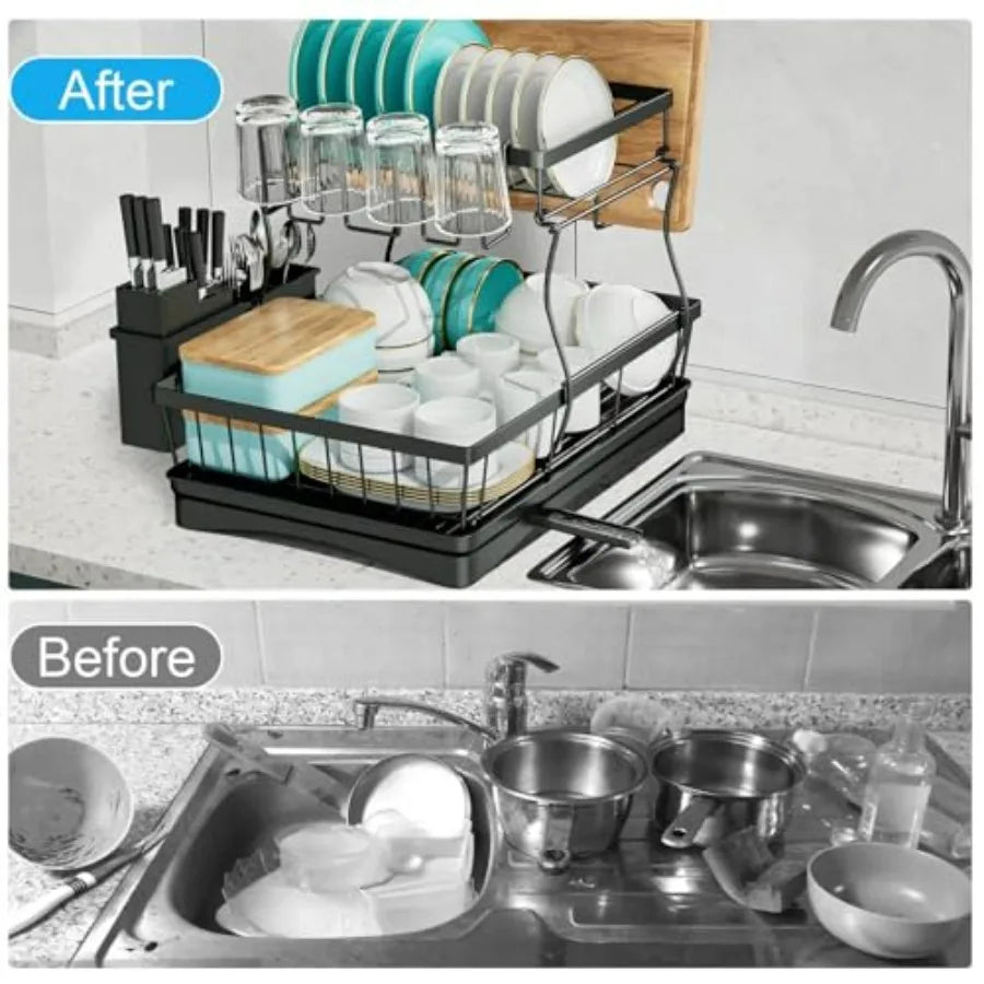 Large 2-Tier Dish Drying Rack for Kitchen Countertops Removable Large-Ccity Stainless Steel Dish Draining Rack with Rust-Resist