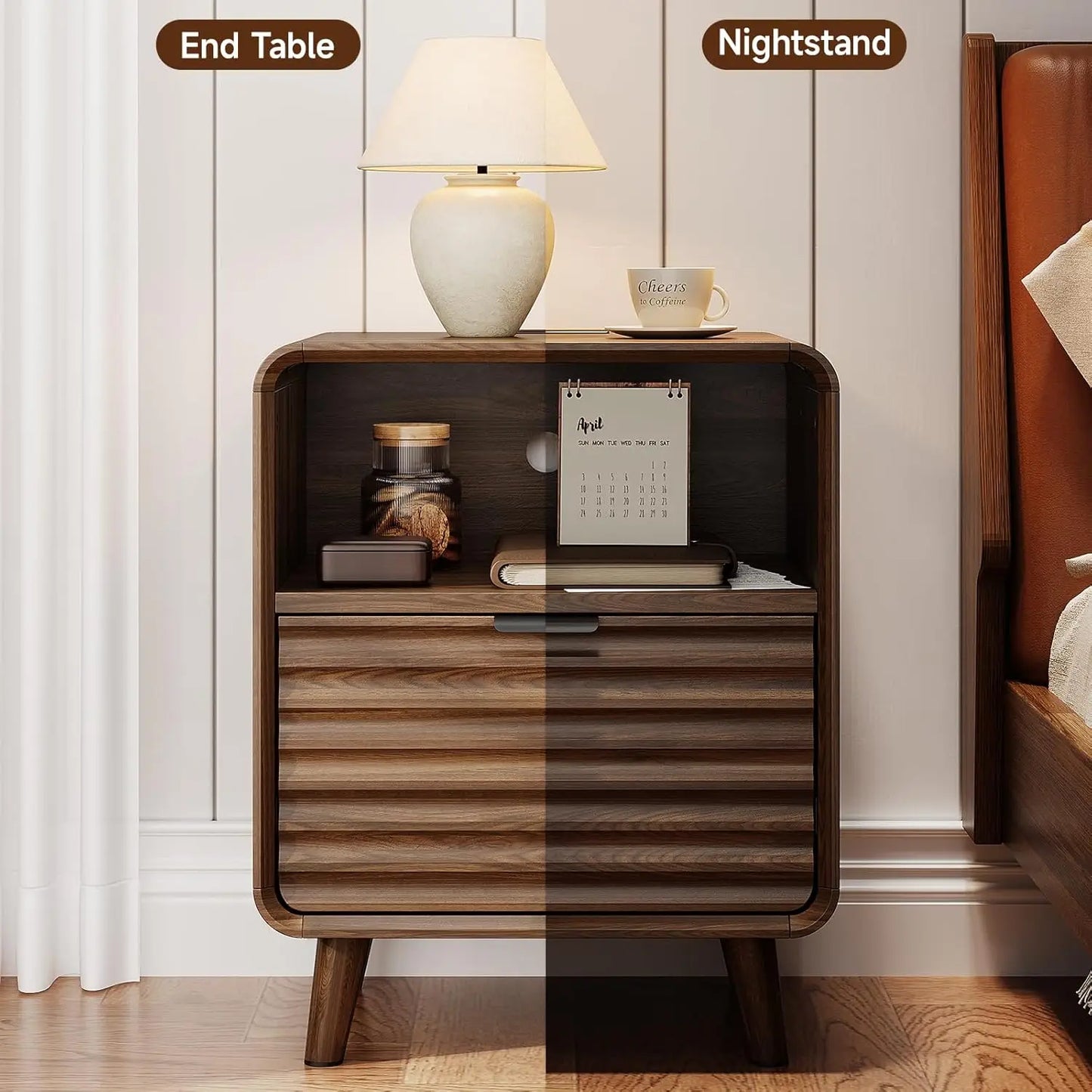 19.7'' End Table Charging Station Fluted Drawer Open Cubby Mid Century Nightstand Bedroom Living Room Walnut, Customized