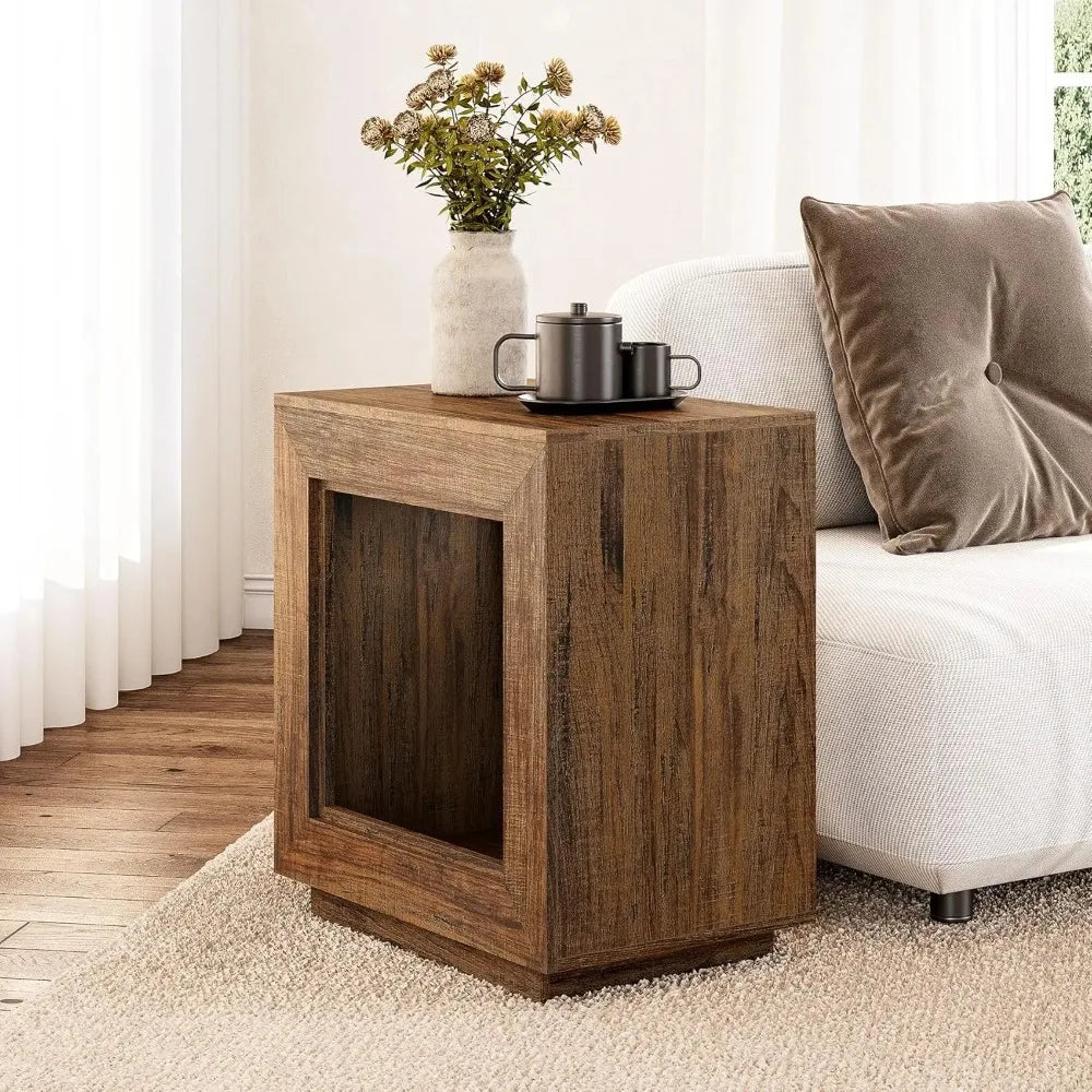 End Table, Wooden Square Side Table, Farmhouse Sofa Side Tables for Living Room, 2-Tier Table