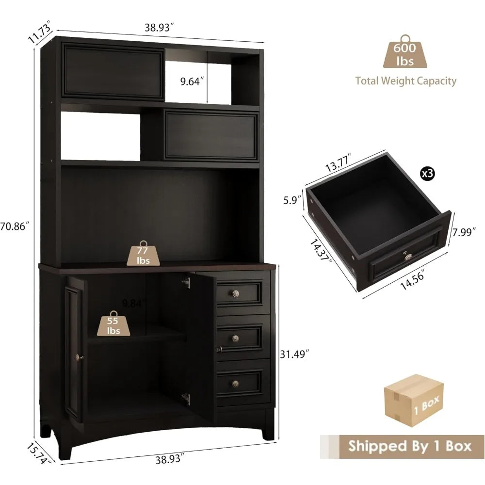 71" Tall Kitchen Pantry Cabinet with Microwave Shelf Built-in Charging Station, Black Sliding Door Cabinet, Customized