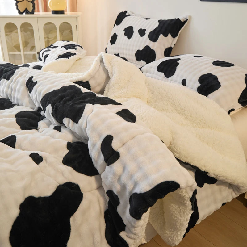 3-pc quilt set: all-season plush faux rabbit fur, Bohemian style. Perfect for bedroom/guest room & holiday gifts.