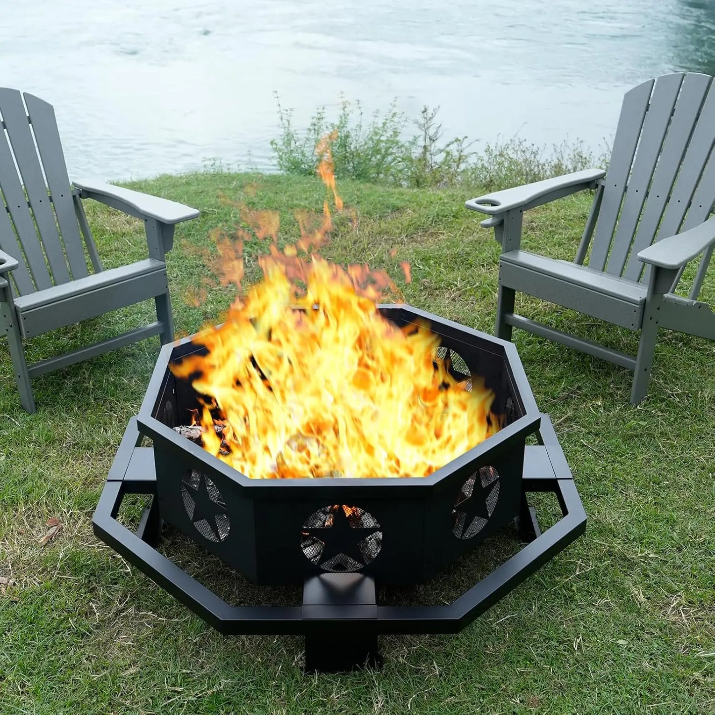 45 inch Large Fire Pit, Outdoor Fire Pit with Heavy Duty Construction, Wood Burning Fire Pits for Outside Octagonal, Customized