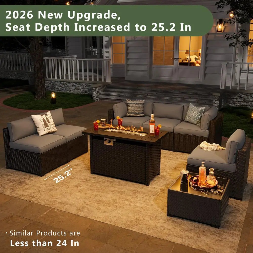 8 Piece Patio Furniture Set with 44 Fire Pit Table Wicker Rattan Sectional Sofa Outdoor Seating with Thickened Cushion, Grey
