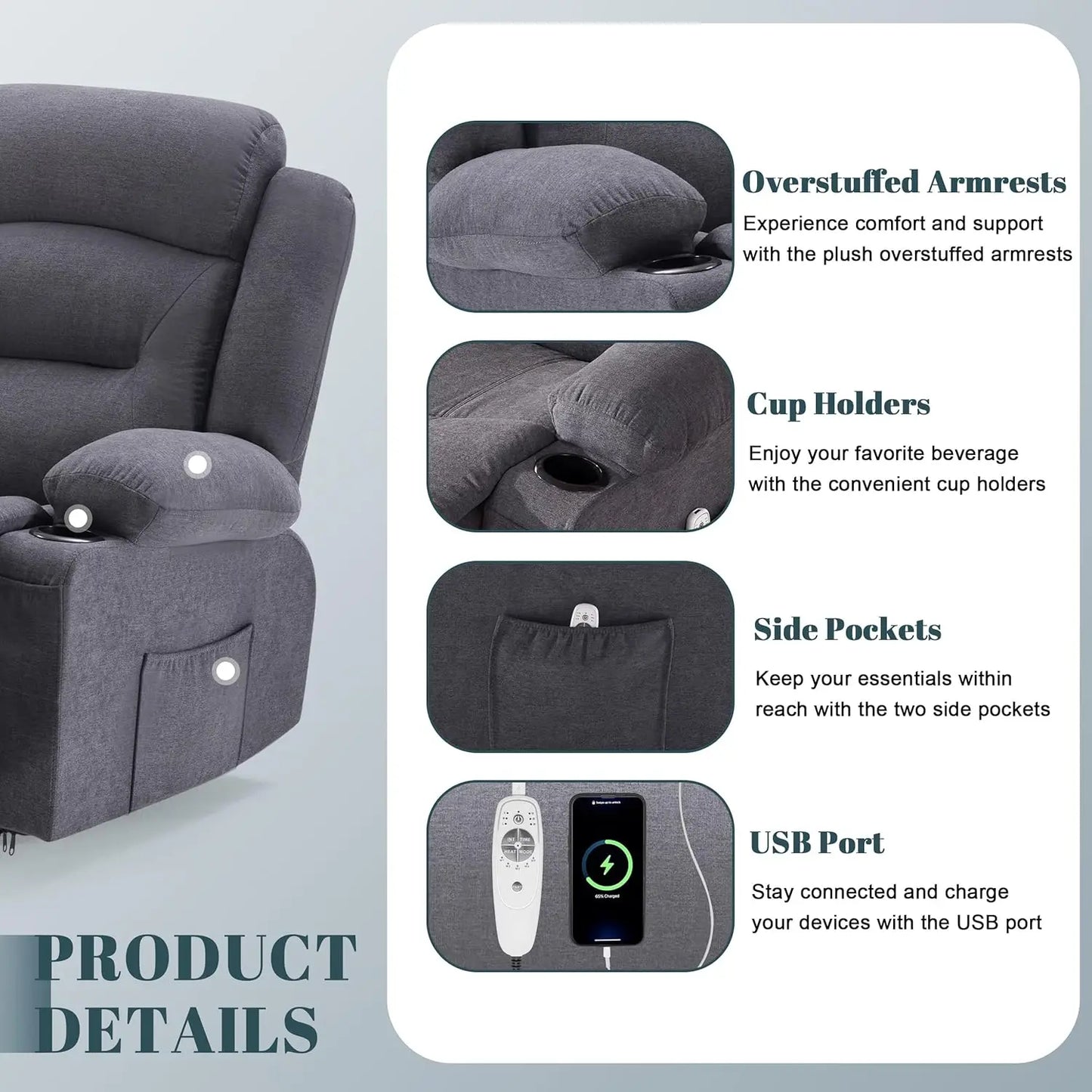 Oversized 3-Seater Recliner Sofa with Heat & Massage Wall-Hugger Cup Holders USB Port Fabric Grey for Living Room RV