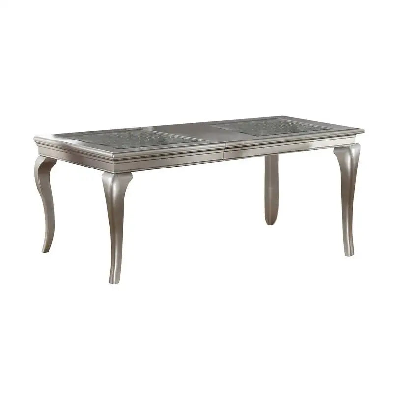 7pc Rect. Glass Dining Table Set w/ Silver Hue & 6 Tufted Side Chairs for Dining Room