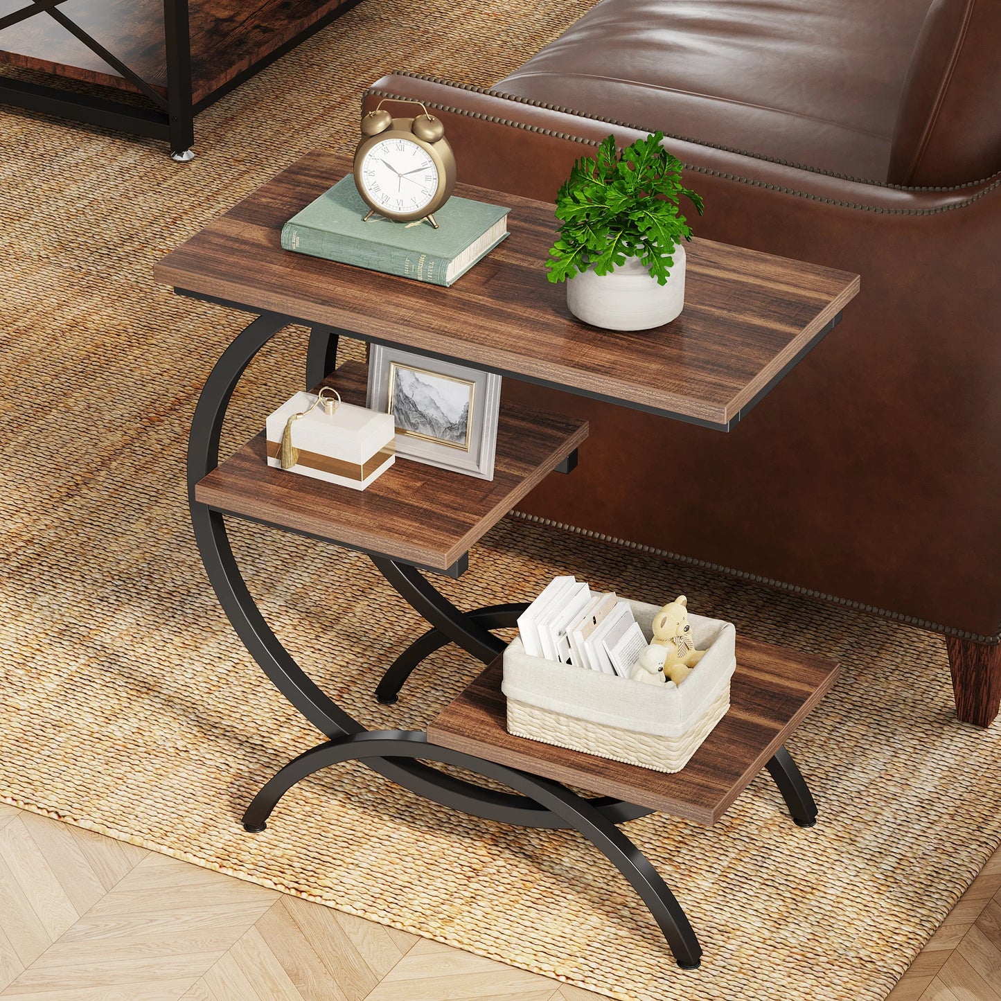 Tribesigns C-Shaped End Table, Industrial 3-Tier Small Table for Couch with Storage Shelves