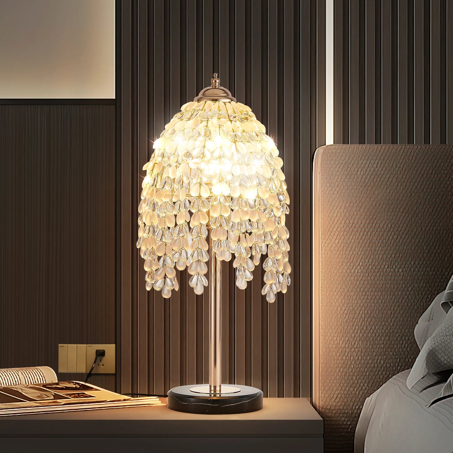 19"Elegant Crystal Table Lamp Vintage Waterfall Design with Crystal Bead String Shades and Marble Textured Base(No Bulb)