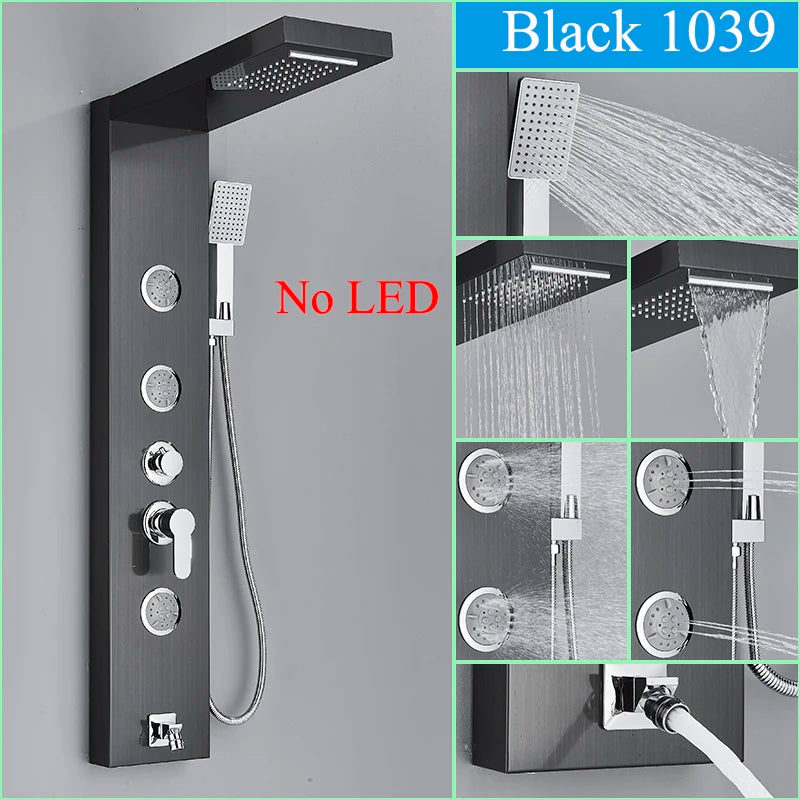 Nekjacg Black LED Shower Faucet Shower Panel & Column Bathroom Waterfall Rain Shower System Wall Mount Massage Spa Spout System