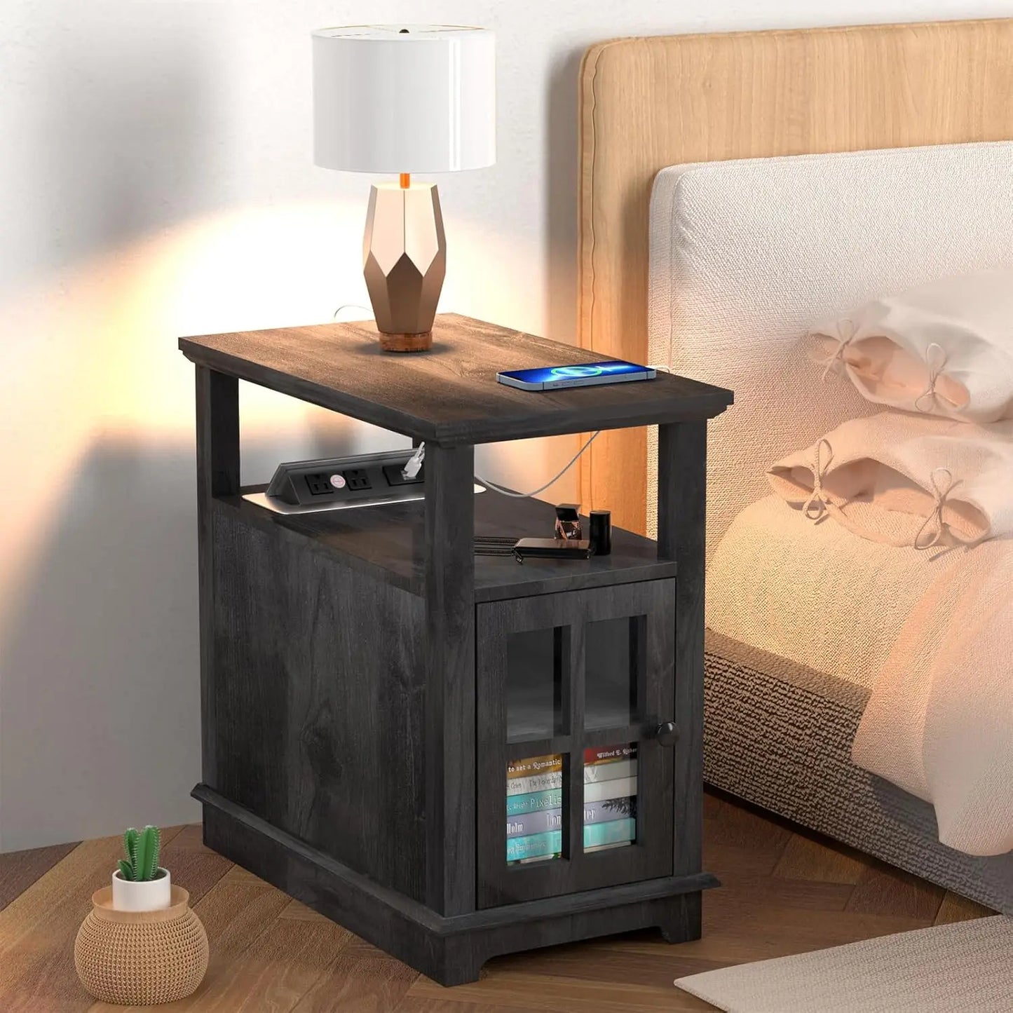 Storage End Table Side Table with Charging Station for Living Room Office, Customized