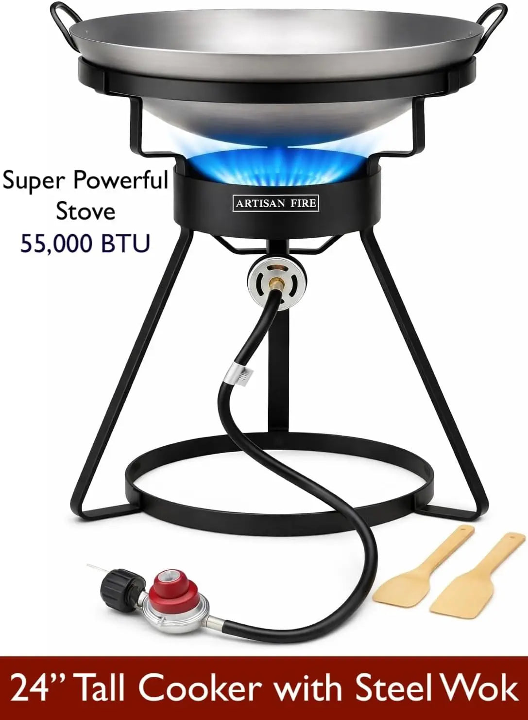 Outdoor Cooker Stove with Iron Wok, Propane Grill, 55,000 BTU High Pressure Burner for Backyard BBQ and Camping