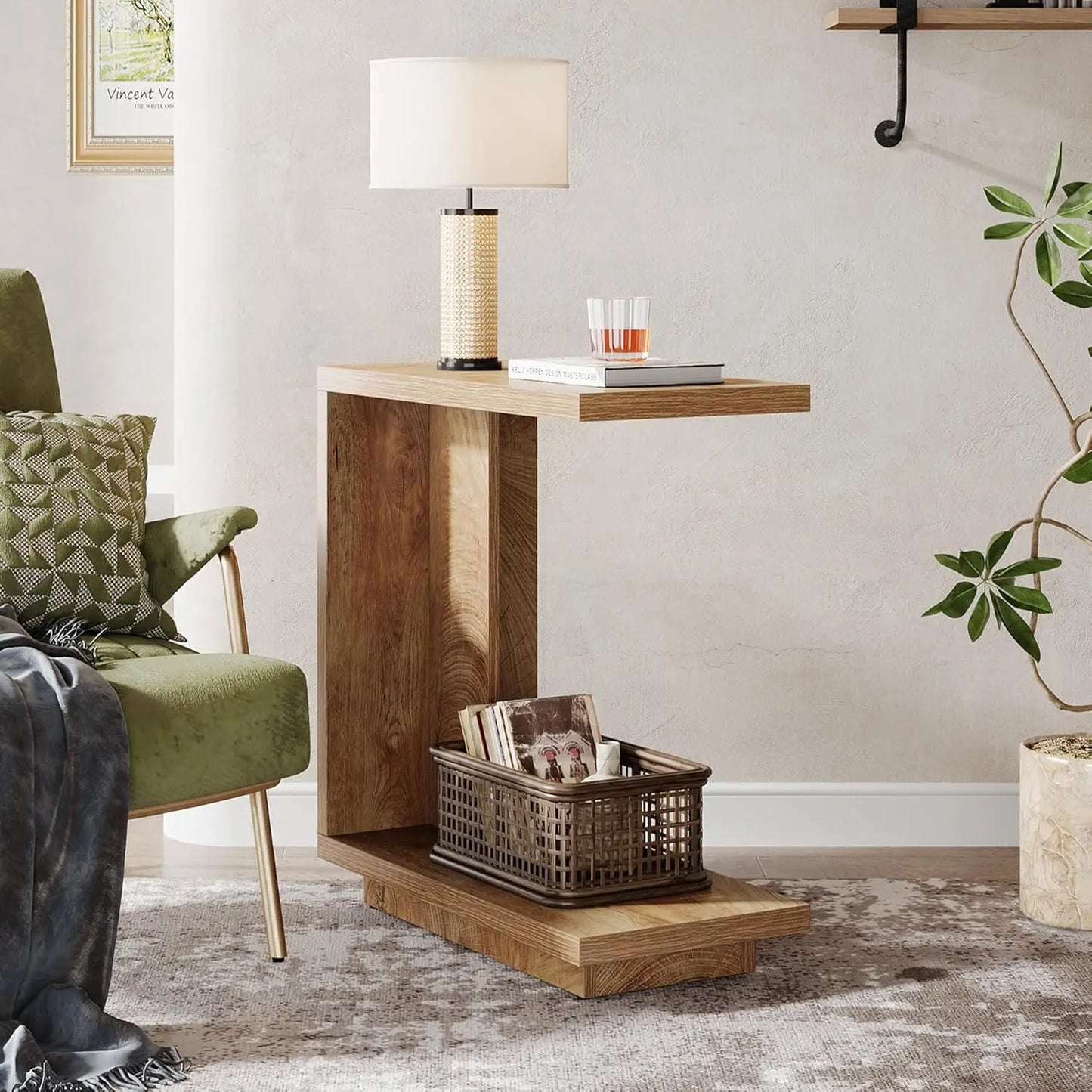 LITTLE TREE C-Shaped Side Table for Couch, 2-Tier C Table with Sturdy Pedestal, Industrial Sofa End Table for Living Room
