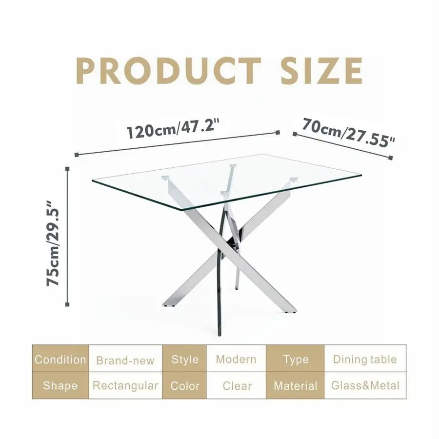 Glass Dining Table with Chromed Legs, 47in Rectangular Kitchen Table for Kitchen Dining Room Home Office 47.24 27.55, White Sil