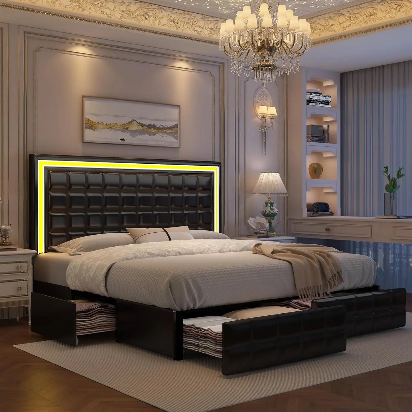 Full Bed Frame with LED Lighting and Storage Drawers, No Box Spring Needed, Supports 900 lbs, Easy Assembly, Quiet-Customized