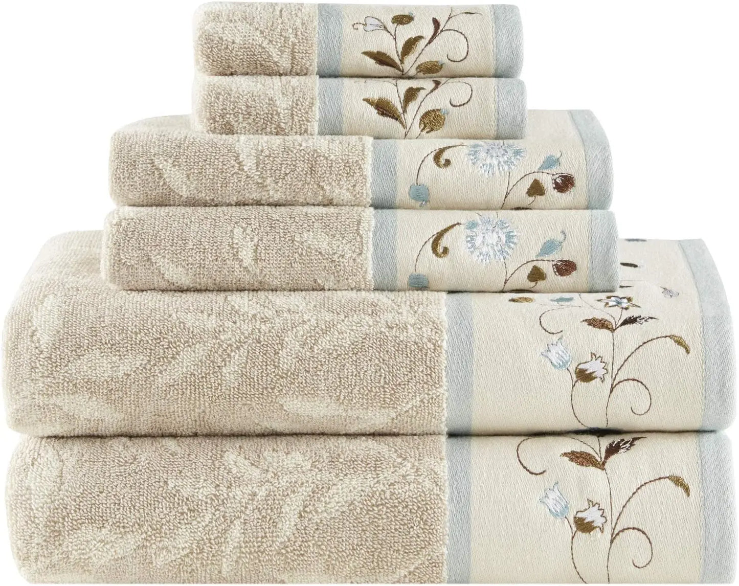Luxury Floral Embroidered Cotton Towel Set, 100% Cotton, Highly Absorbent, OEKO-TEX Certified, Blue 6-Piece for Bathroom Decor