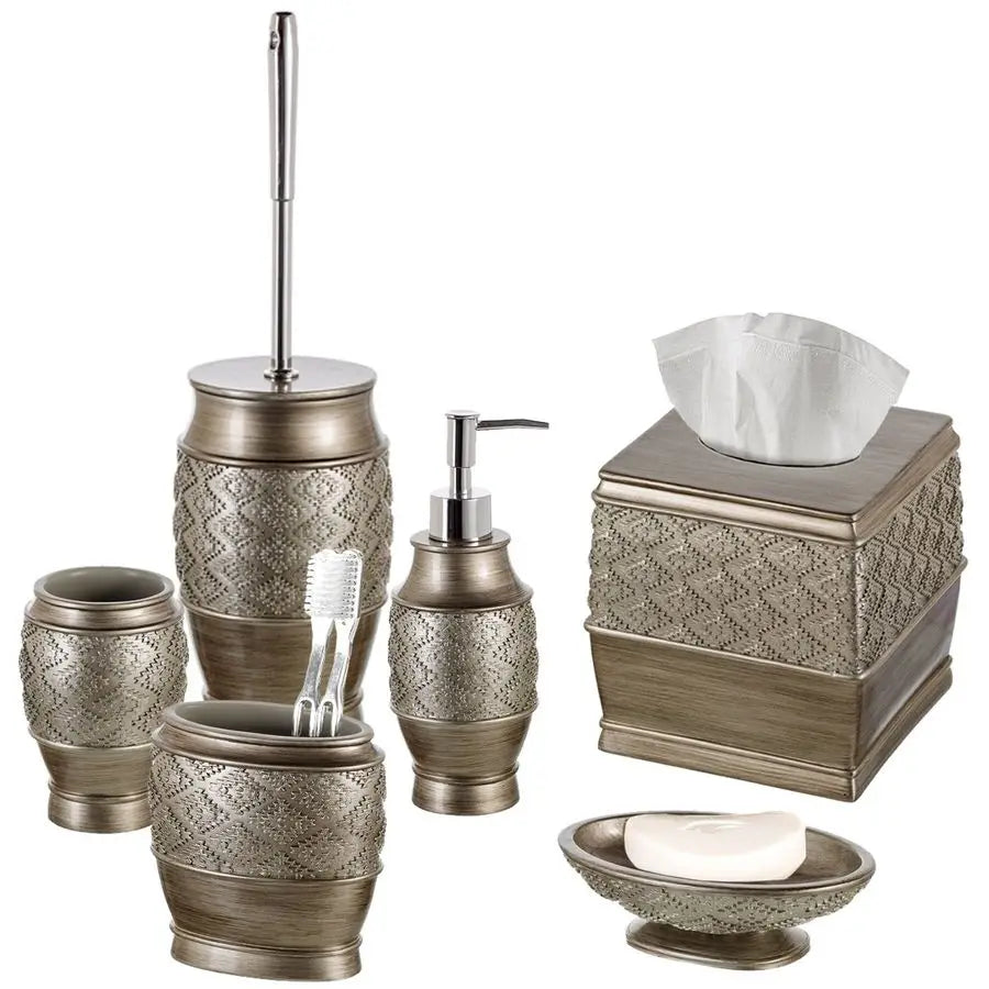 Dublin Silver Bathroom Accessories Set Complete Brushed Silver 6 Piece Bathroom Set Toilet Brush and Holder, Tissue Cover, Toot