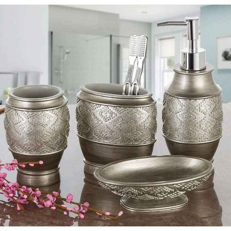 Dublin Silver Bathroom Accessories Set Complete Brushed Silver 6 Piece Bathroom Set Toilet Brush and Holder, Tissue Cover, Toot