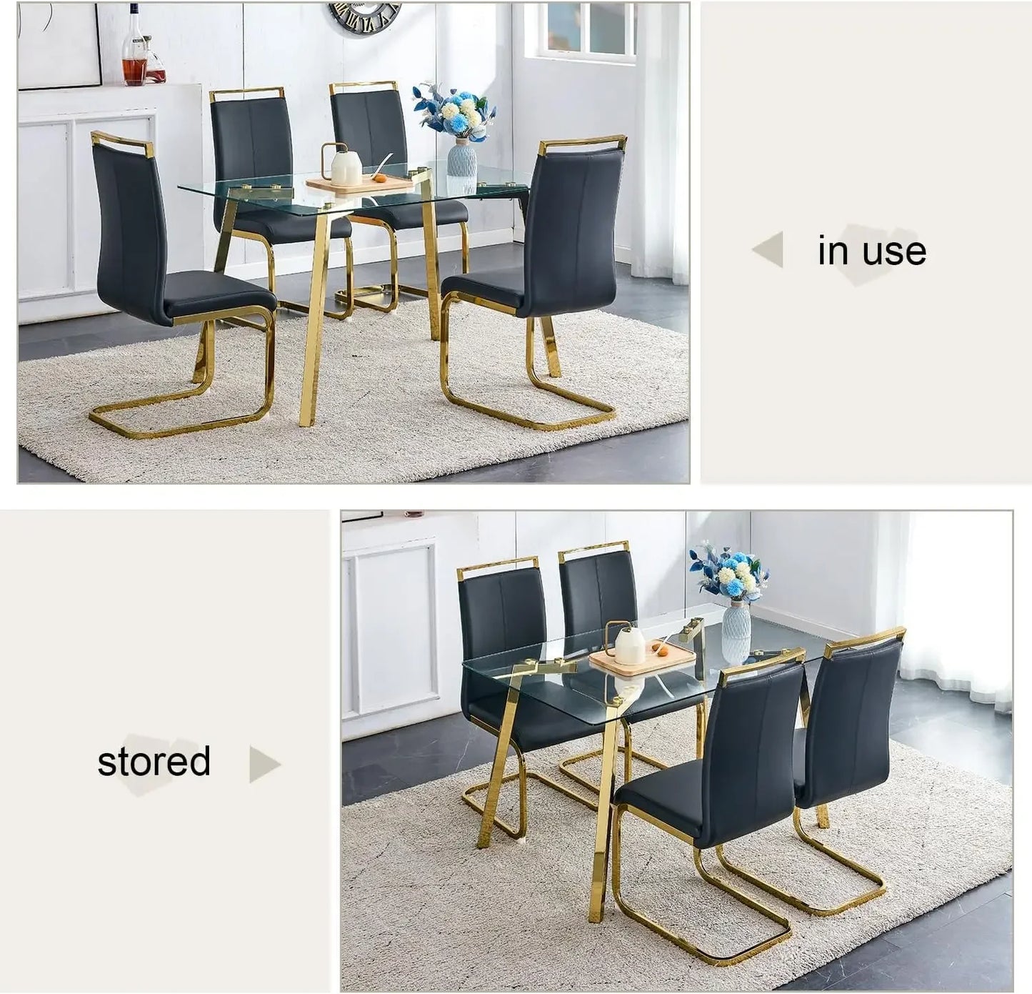 Dining Table Set of 4,51" Rectangle Tempered Glass Table Top with Golden Metal Legs,Kitchen Room Table with 4 Black Faux