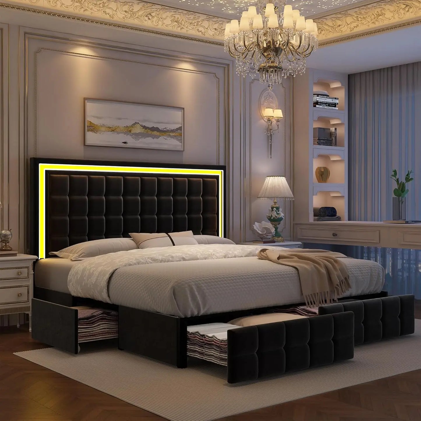 Full Bed Frame with LED Lighting and Storage Drawers, No Box Spring Needed, Supports 900 lbs, Easy Assembly, Quiet-Customized