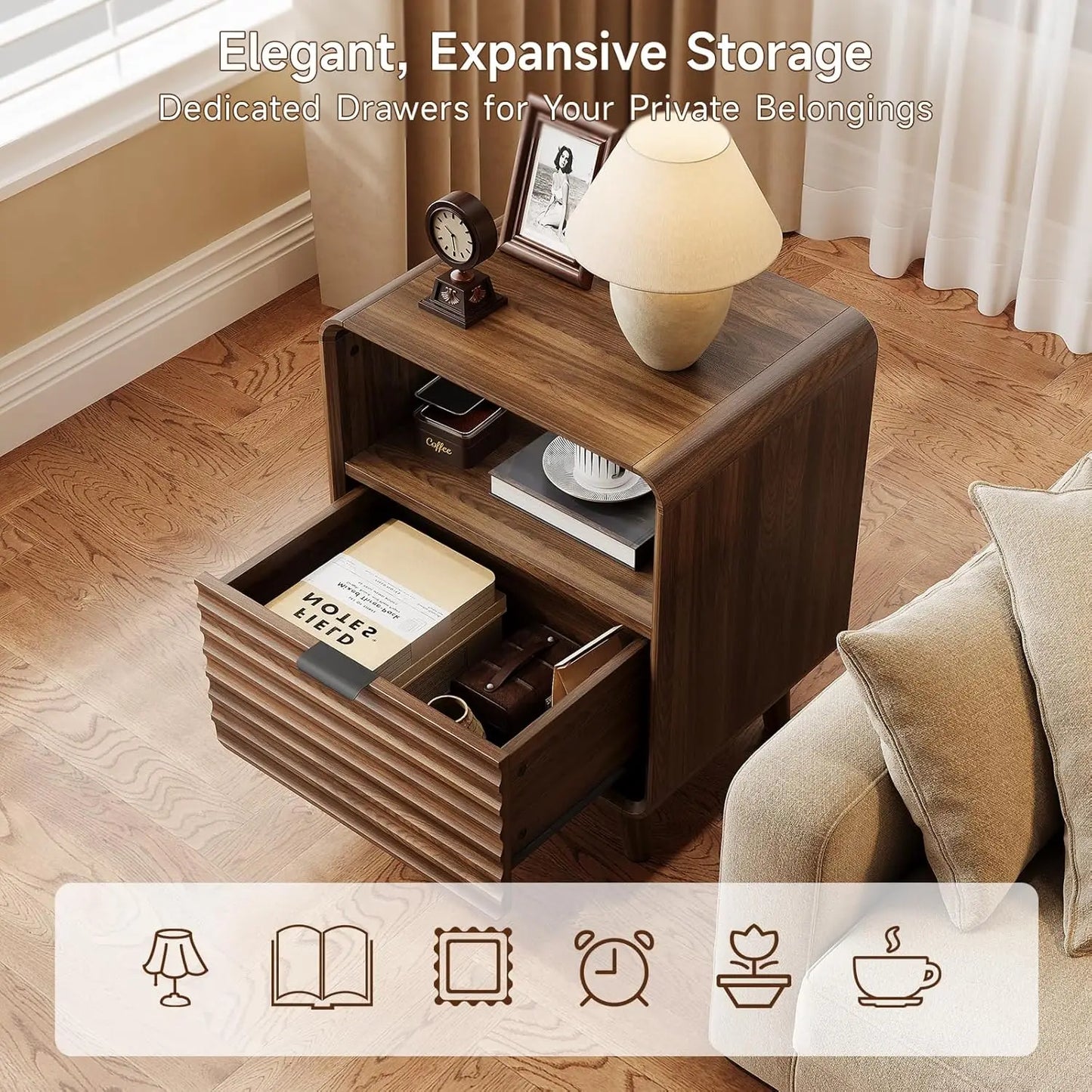 19.7'' End Table Charging Station Fluted Drawer Open Cubby Mid Century Nightstand Bedroom Living Room Walnut, Customized