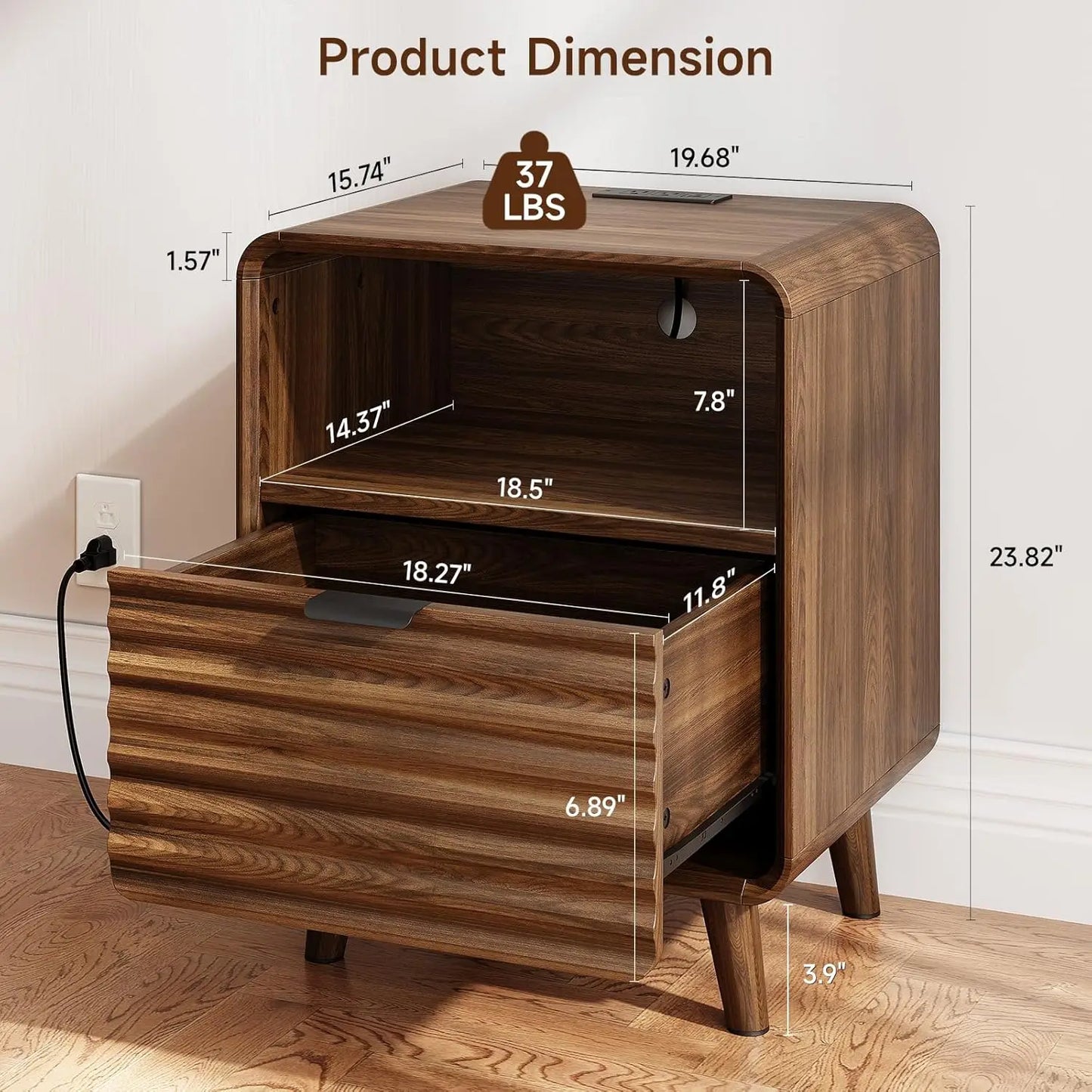 19.7'' End Table Charging Station Fluted Drawer Open Cubby Mid Century Nightstand Bedroom Living Room Walnut, Customized