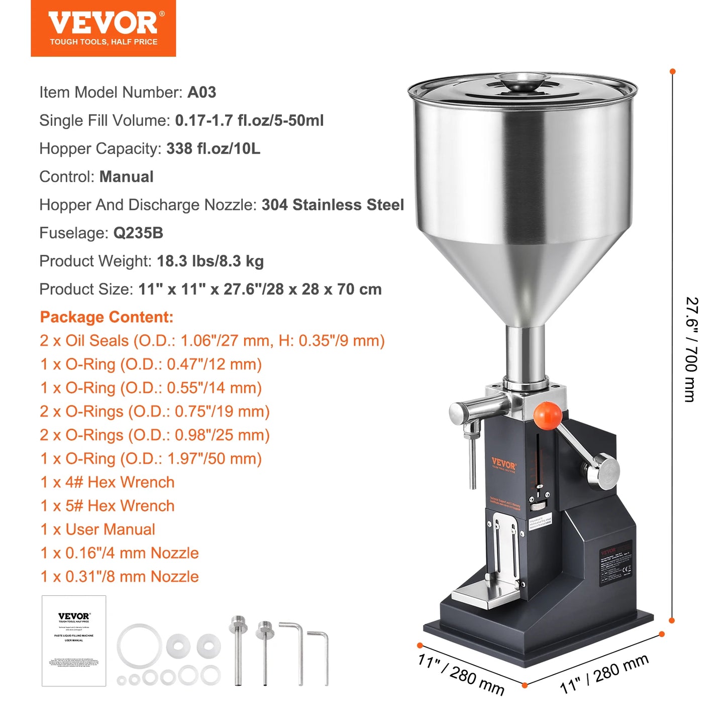 SucceBuy A03 5-50ml/5-100ml Manual Liquid Filling Machine Paste Bottle Filler Adjustable with Hopper for Juice Shampoo Honey