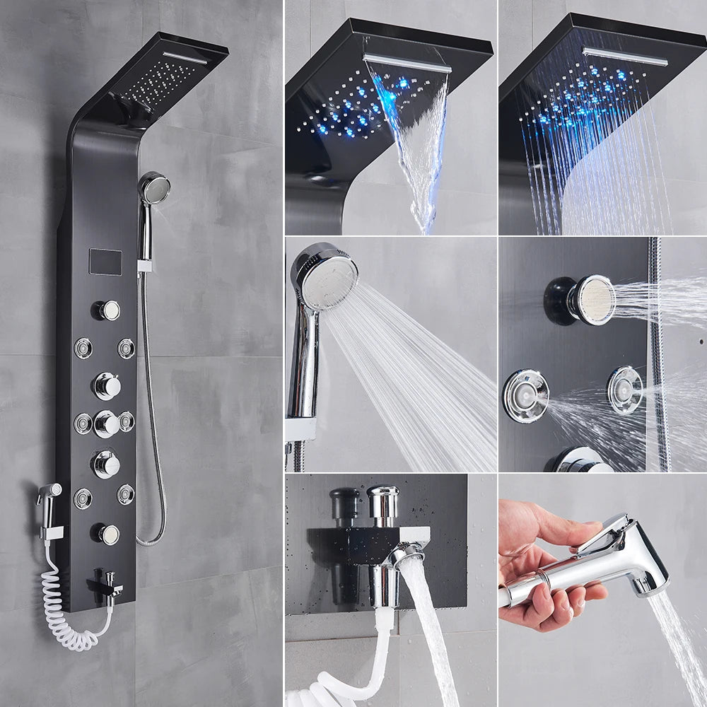 Newly Luxury Black/Brushed Bathroom Shower Faucet LED Shower Panel Column Bathtub Mixer Tap With Hand Shower Temperature Screen
