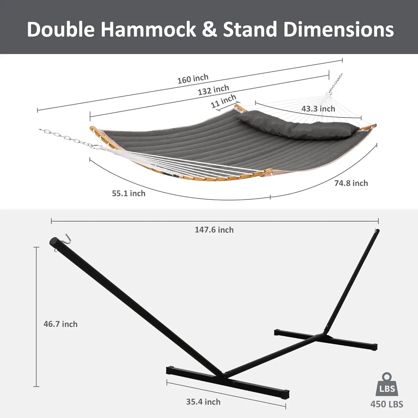 Double Portable Hammock with Stand, 2 Person Outdoor Camping Hammock, Curved Spreader Bar and Balance Ropes Included