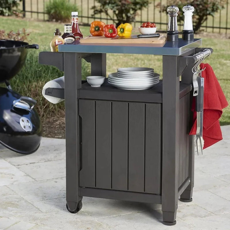Unity Outdoor Grill Prep Table & Serving Cart, Stainless Steel Top, 40 Gallon Portable Bar Table & Storage Cart, Cooking Accesso