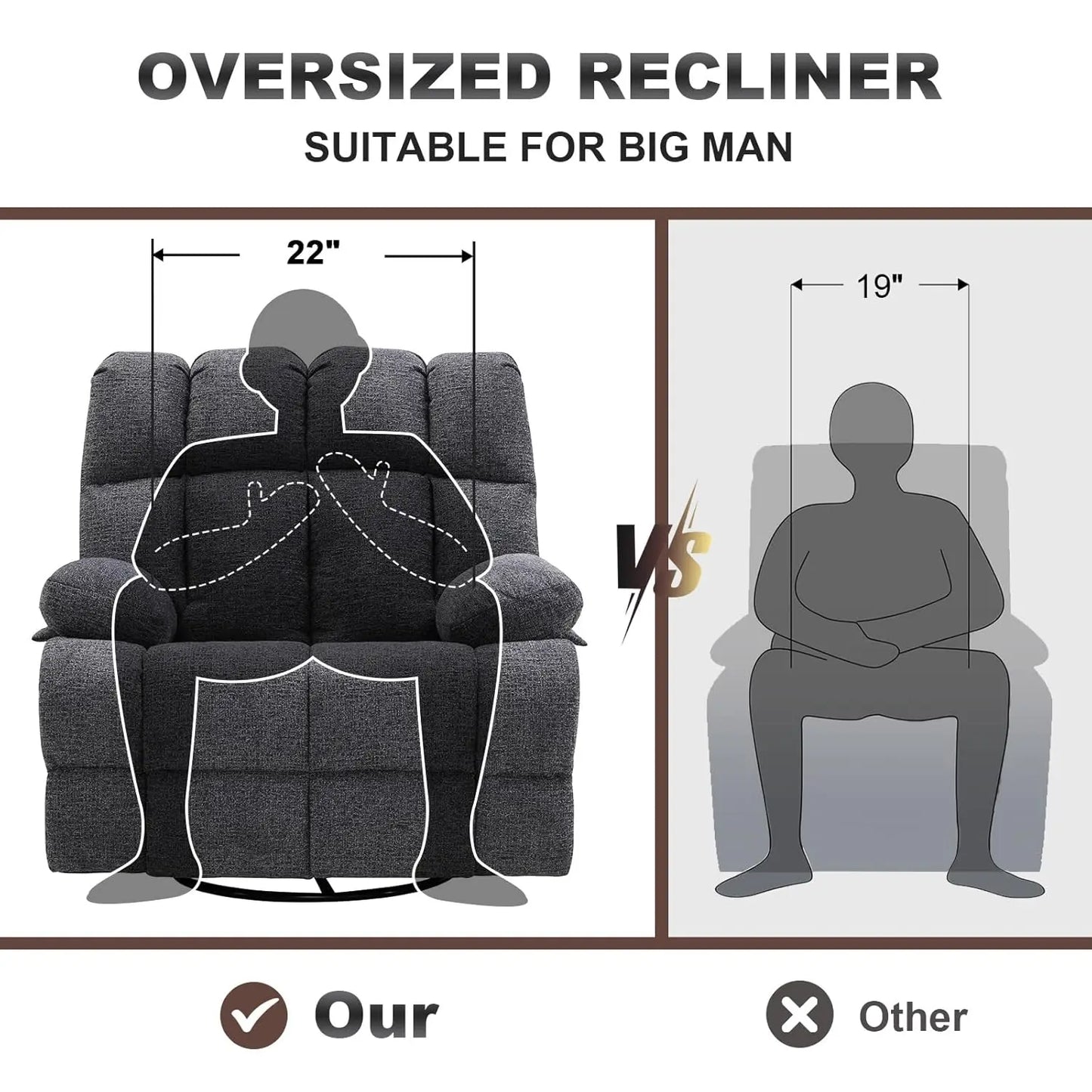 Oversized Swivel Rocker Recliner Chair Manual 350lb Wide Soft Upholstery Living Room Custom