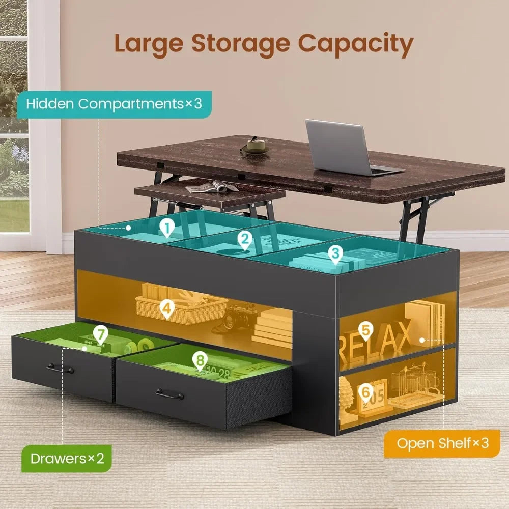 4-in-1 Lift Top Coffee Table with Storage, LED Lights, and Hidden Compartment for Living Room - Black