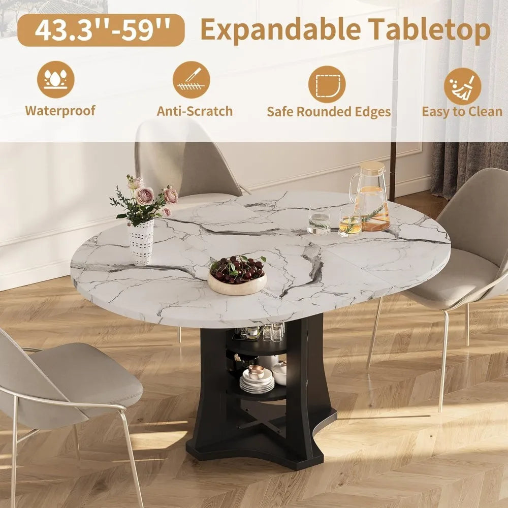 Extendable Dining Table 43"-59" for 4-6, White Faux Marble Round Kitchen Dining Room Table with 2 Tier Storage, Customized