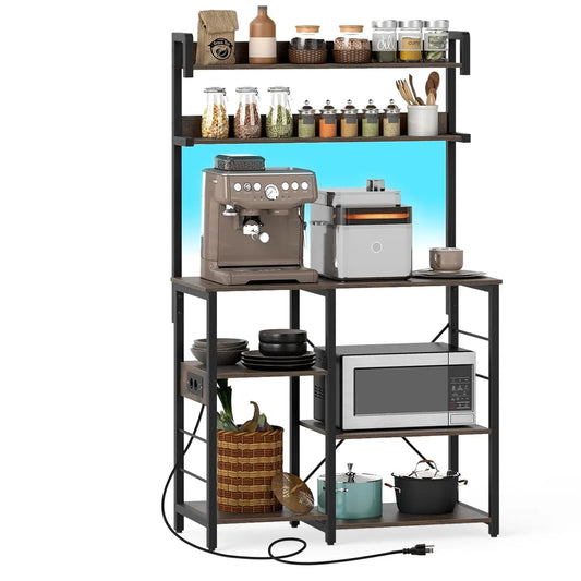 Bakers Rack with Power Outlet and LED Lights, 7-Tier Microwave Stand with Storage Shelves for Spices, Customized