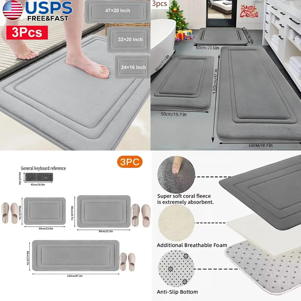 3Pcs Bathroom Rugs Non Slip Bath Mats for Floor Tub Shower Soft Absorbent Waterproof Machine Washable Modern Design Home Decor