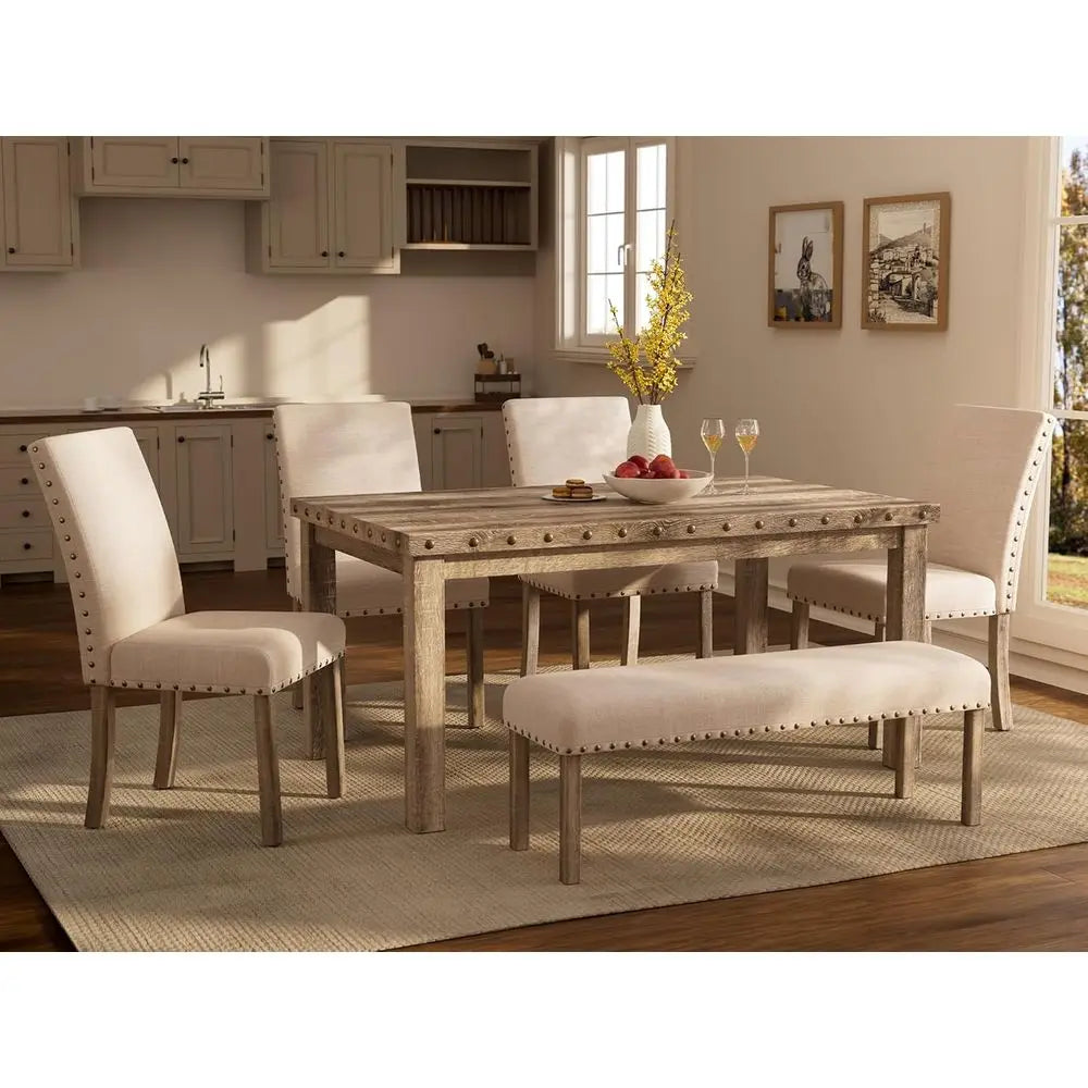 6-Piece Wooden Dining Set with Upholstered Bench and 4 Chairs, Elegant Kitchen Table with Nailhead Trim Accents