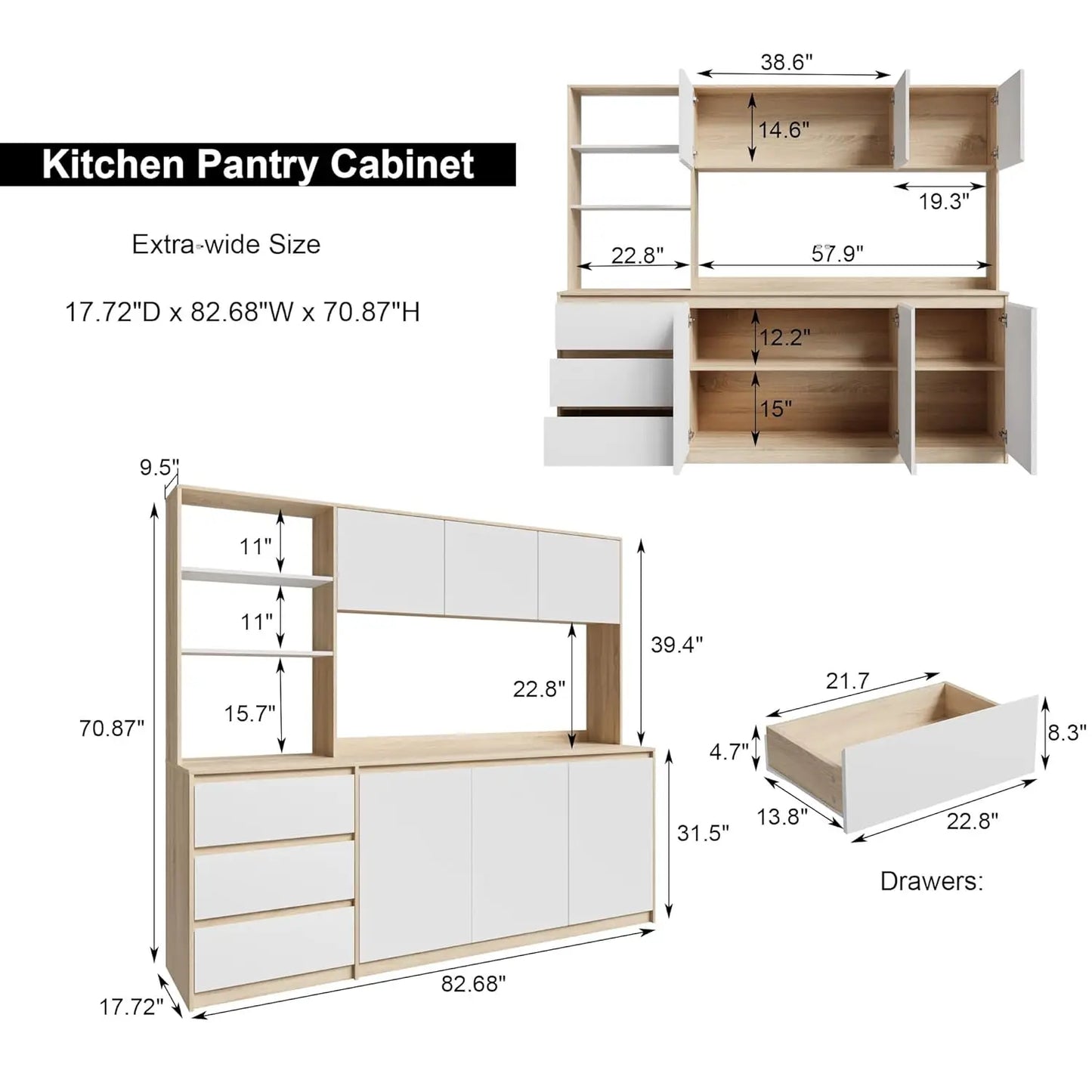Extra Large Kitchen Pantry with Microwave Shelf, Kitchen Hutch Storage Cabinet with Countertop, Freestanding, Customized