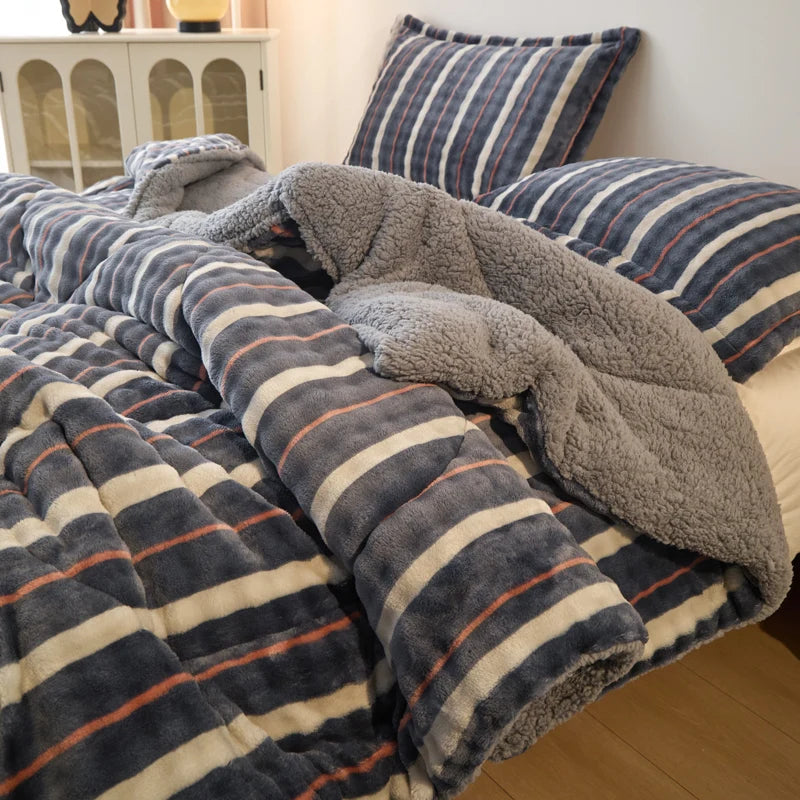 3-pc quilt set: all-season plush faux rabbit fur, Bohemian style. Perfect for bedroom/guest room & holiday gifts.