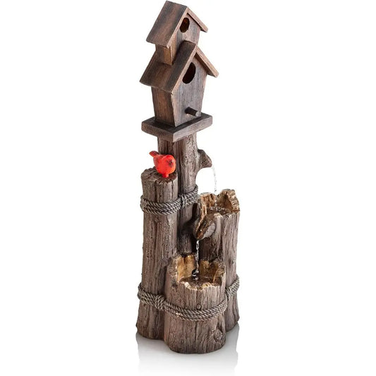 35" Tall Outdoor 3-Tier Birdhouse Water ountain with Accent, Rustic loor Decor or Garden and Patio, Brown