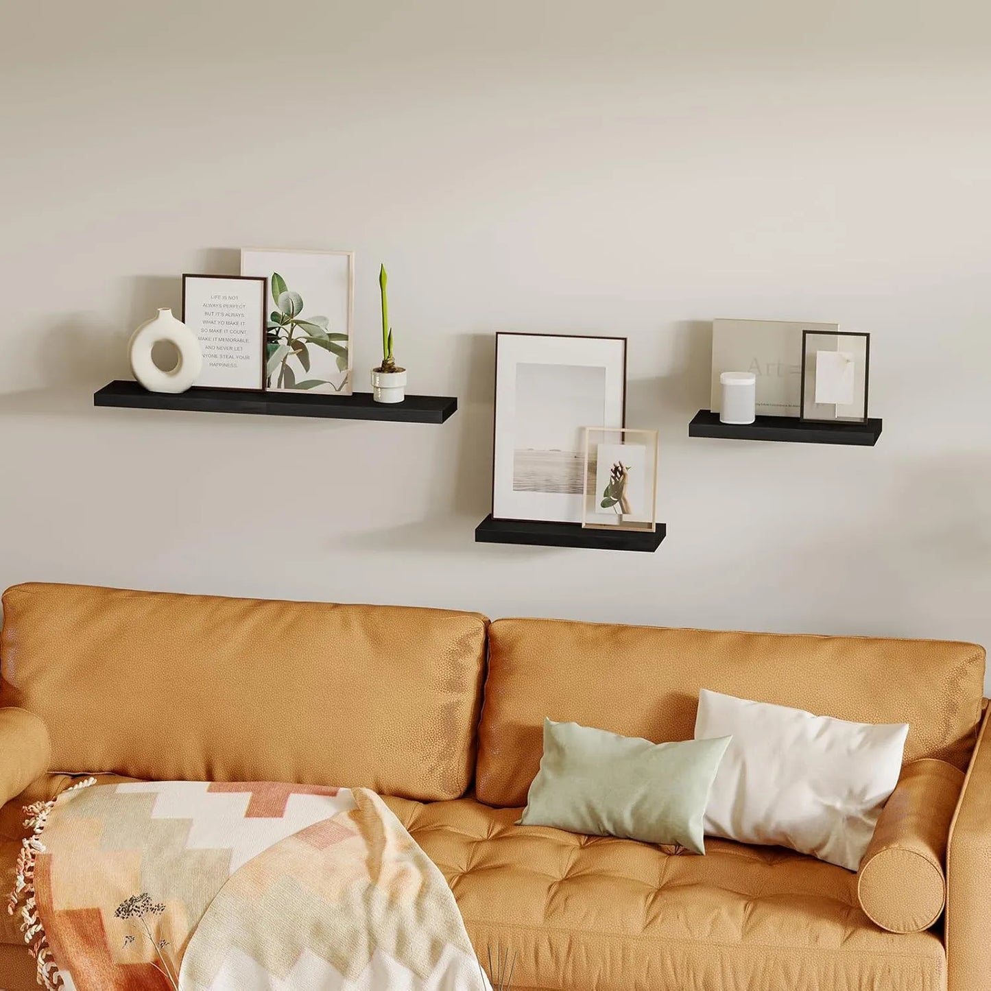 4 PACK Floating Shelves Black Wall Mounted Display Shelves for Living Room Bedroom Home Decor Minimalist Space Saving Storage