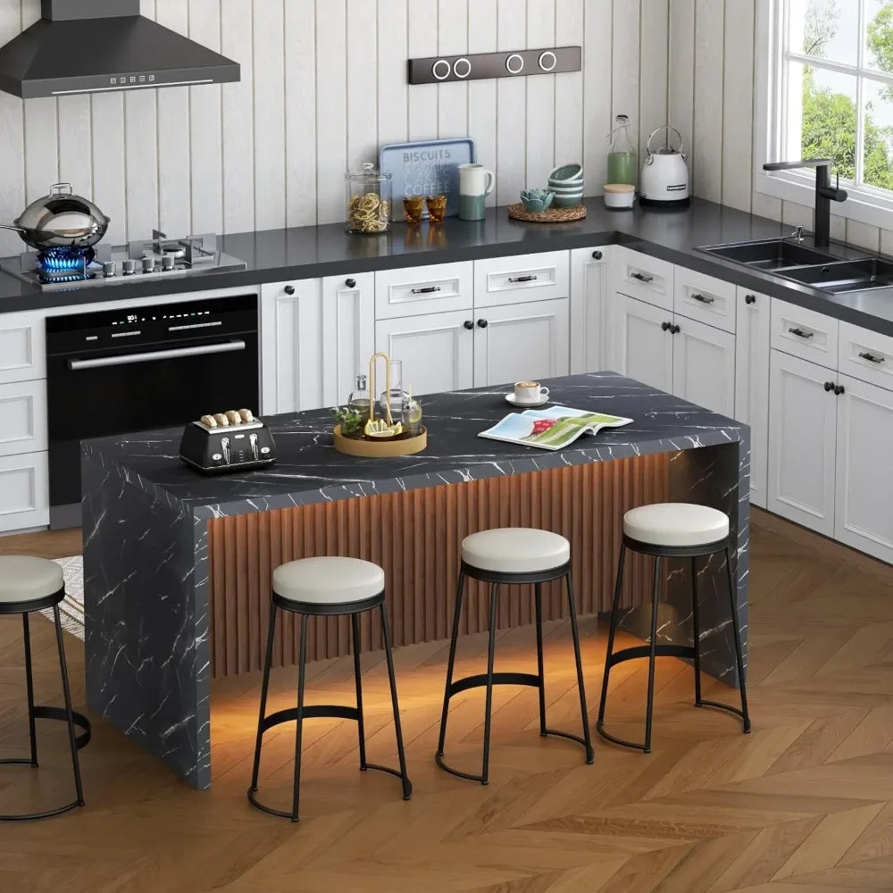 71 Inch Large Imitation Marble Dining Table, Island Table with Led Light, Modern Marble Stripe Kitchen Dining Table