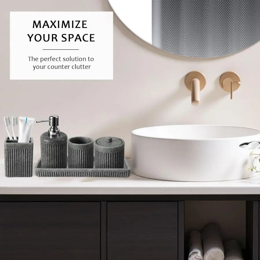 Grey Bathroom Sets with Shower Curtain and Rugs, Resin Bathroom Accessories Sets Complete with Soap Dispenser, Toothbrush Holde