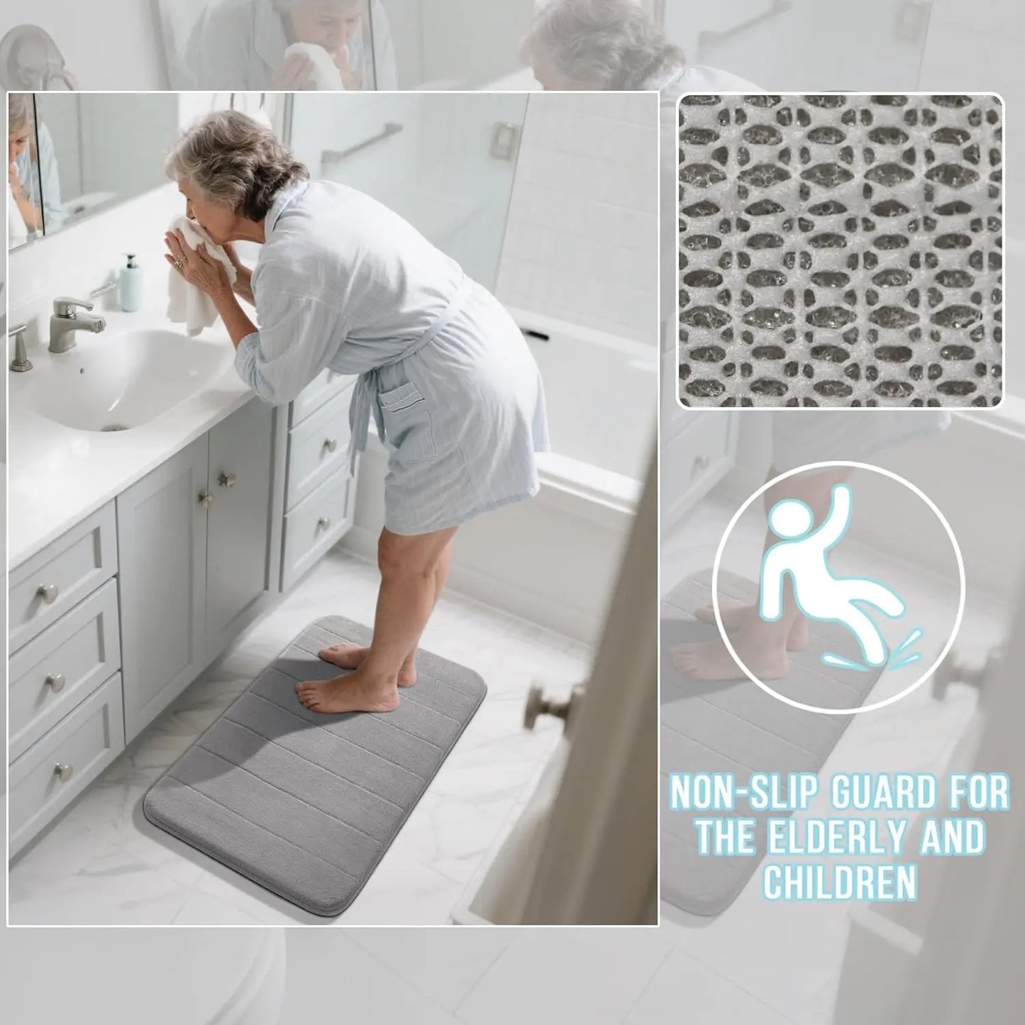 Non-Slip Memory Foam Bath Mat, Super Soft Water Absorbent Rug for Bathroom Vanity Tub Shower, Gray