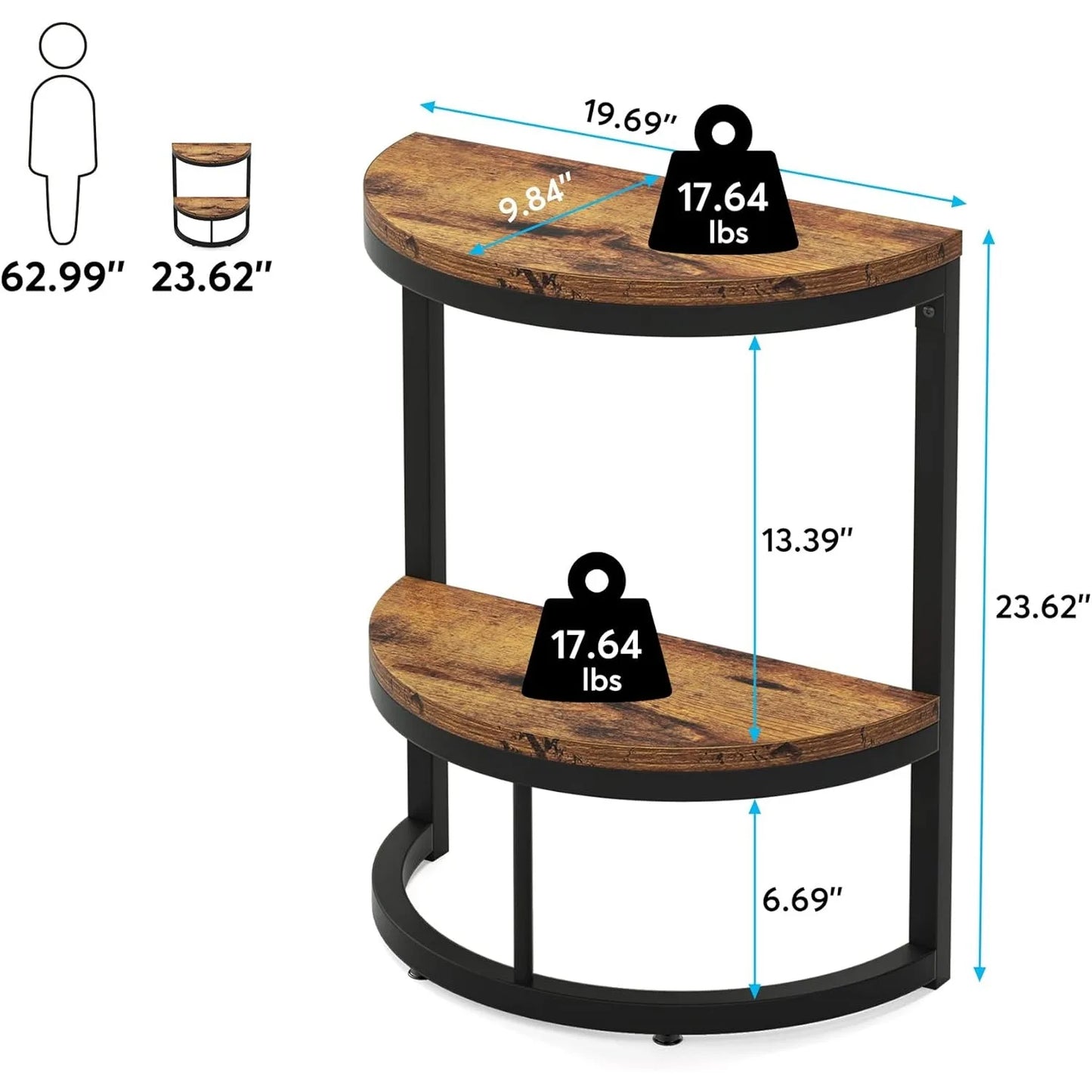 2-Tier End Table Semi Circle, Half Round Side Table with Storage Shelf, Wood Accent Table Slim C Table for Sofa Couch