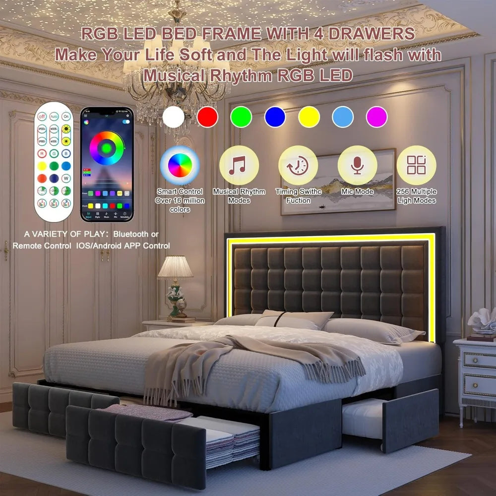 Full Bed Frame with LED Lighting and Storage Drawers, No Box Spring Needed, Supports 900 lbs, Easy Assembly, Quiet-Customized