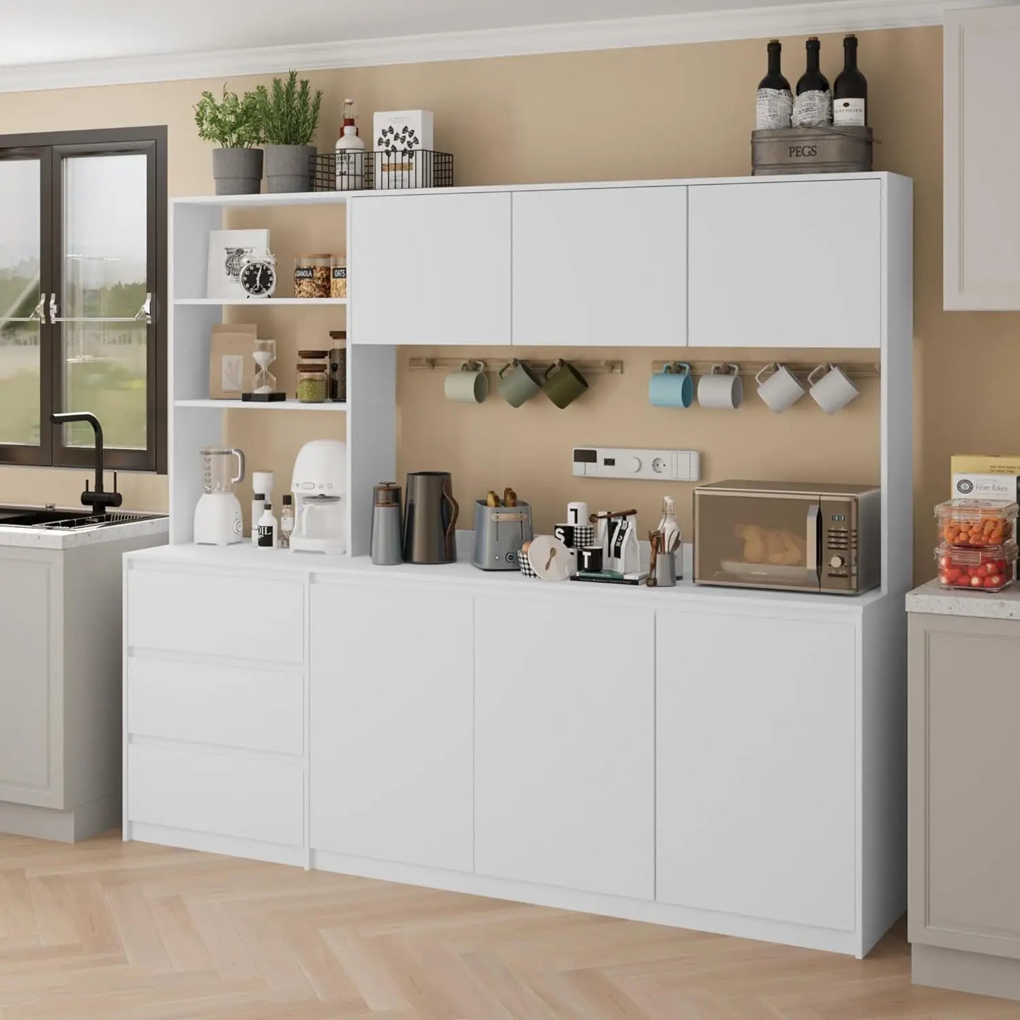 Extra Large Kitchen Pantry with Microwave Shelf, Kitchen Hutch Storage Cabinet with Countertop, Freestanding, Customized