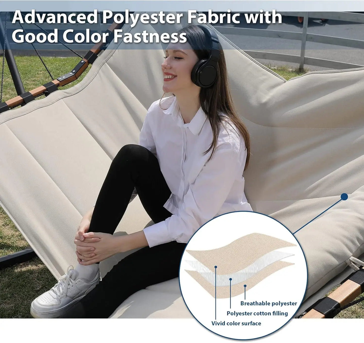 12FT 2-Person Large Hammock with V-Shaped Hardwood Spreader Bar, Nylon Rope for Outdoor Use - Beige