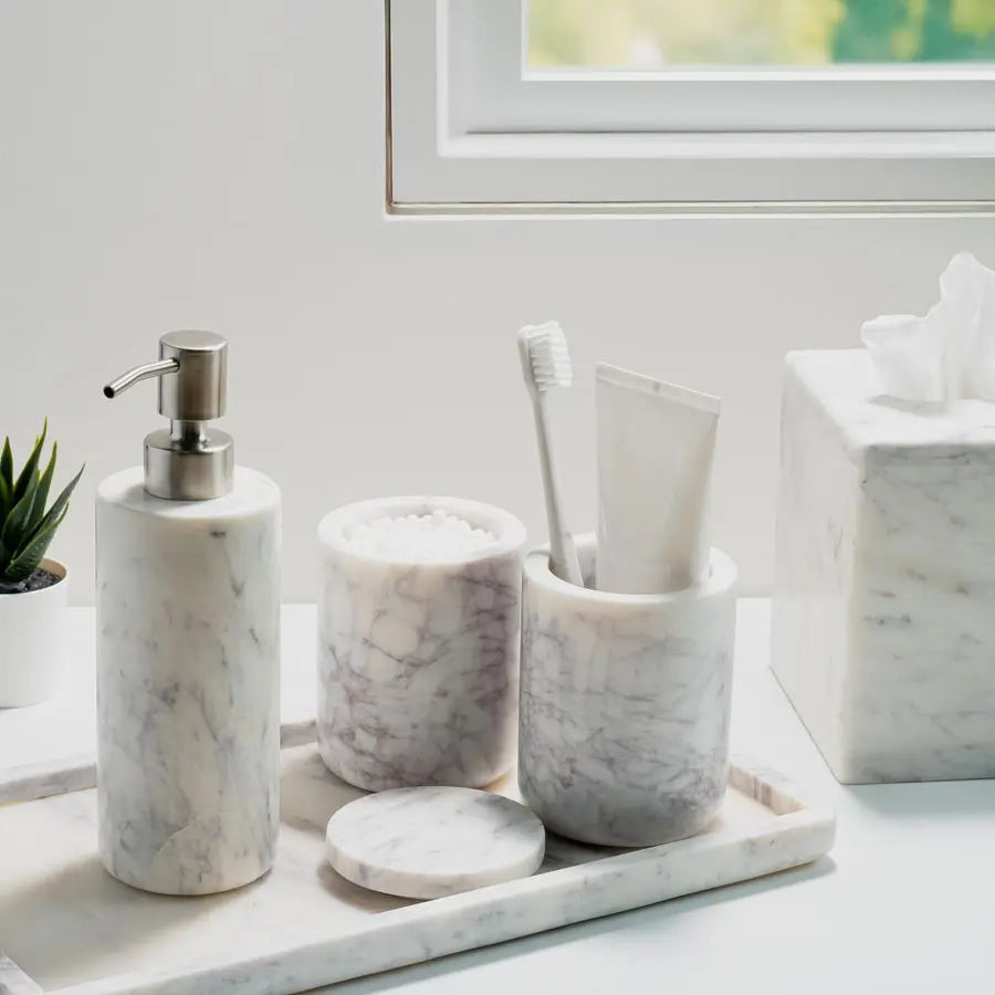 Bathroom Accessories Set, Complete 3 Piece Set with Soap Dispenser, Toothbrush Holder amp Canister with Lid for Qtips, White Ma